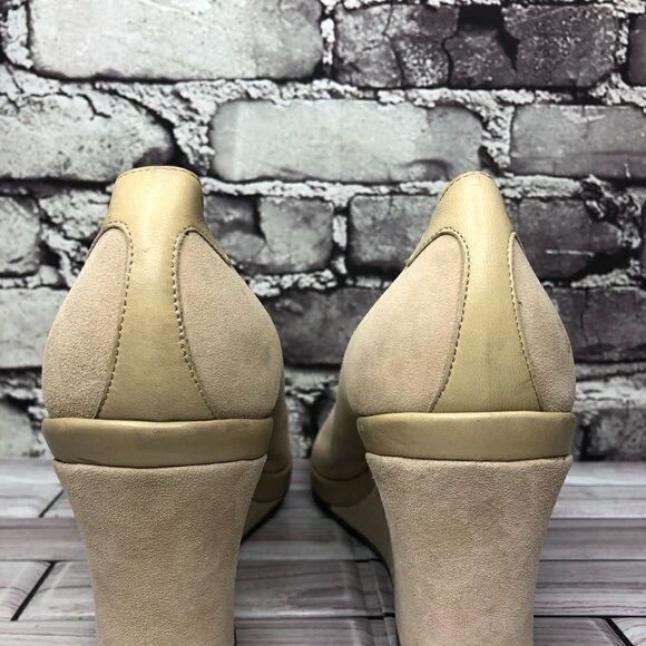 Taryn Rose Beige Suede Leather Peep Toe High Wedges Women Sz 39EU/8.5M US - Picture 6 of 16